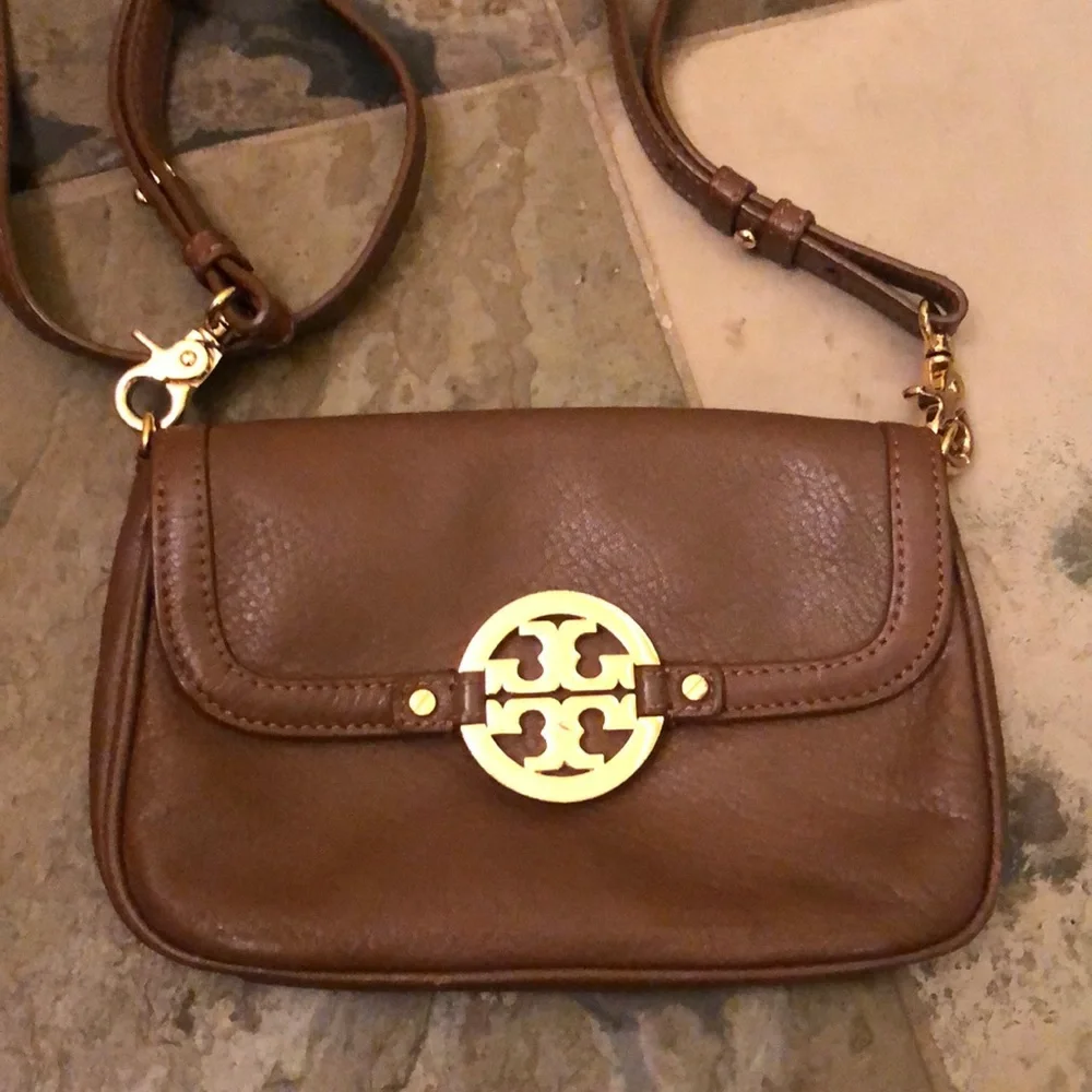 Tory Burch Brown Leather Crossbody Bag with Gold Logo